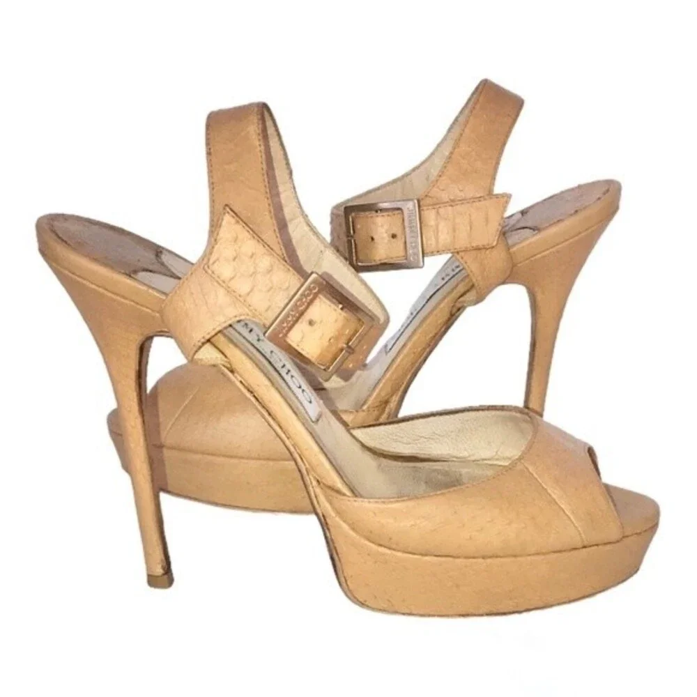 Jimmy Choo Peep Toe Platform Ankle Strap Stiletto Nude Python Leather Heels